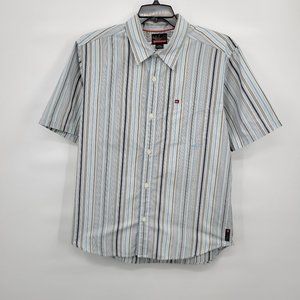 Quiksilver Men Blue Stripes Collared Pocket Short Sleeve Button Up Shirt Size L